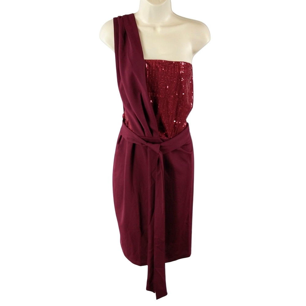 Grace Karin One Shoulder Burgundy Sequin Dress